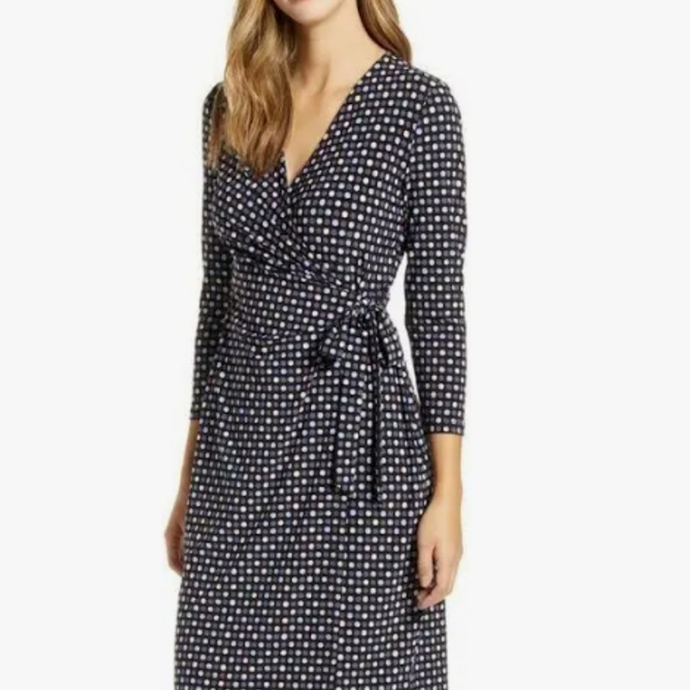Anne Klein Navy and White Polka Dot Long Sleeve Wrap Dress